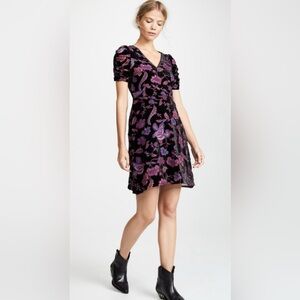 Rebecca Minkoff Velvet Floral Puff Sleeve Mini Dress Size 6 Black Ruched Party